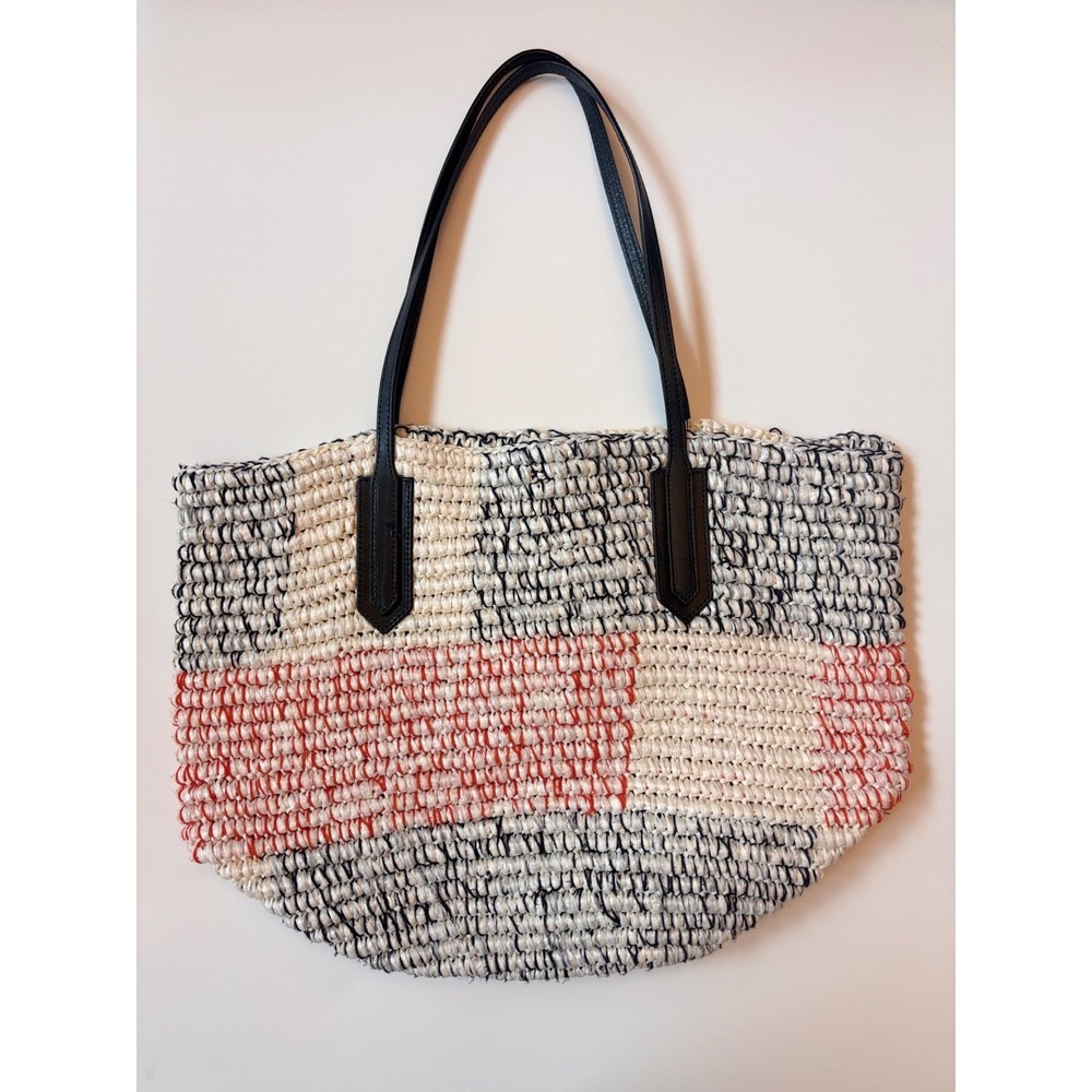J.Crew Woven Straw Raffia Tote Bag Navy Coral Striped Tassel Beach Shopper